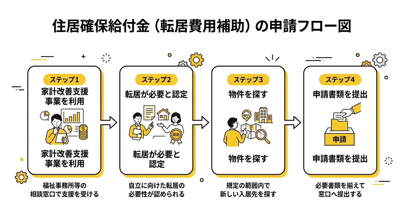 申請フロー図：家計改善支援事業の利用から申請まで