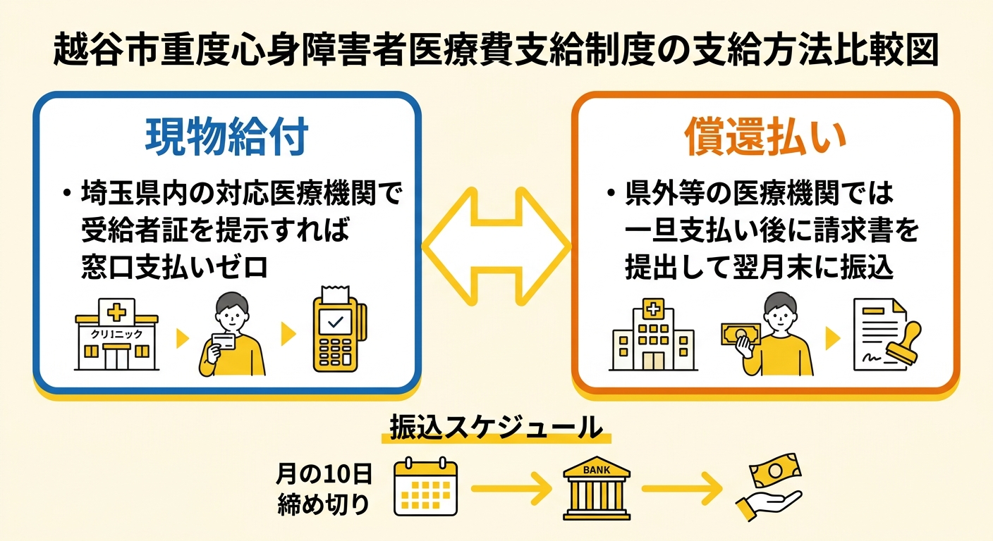 越谷市重度心身障害者医療費 支給方法比較図（現物給付と償還払い）