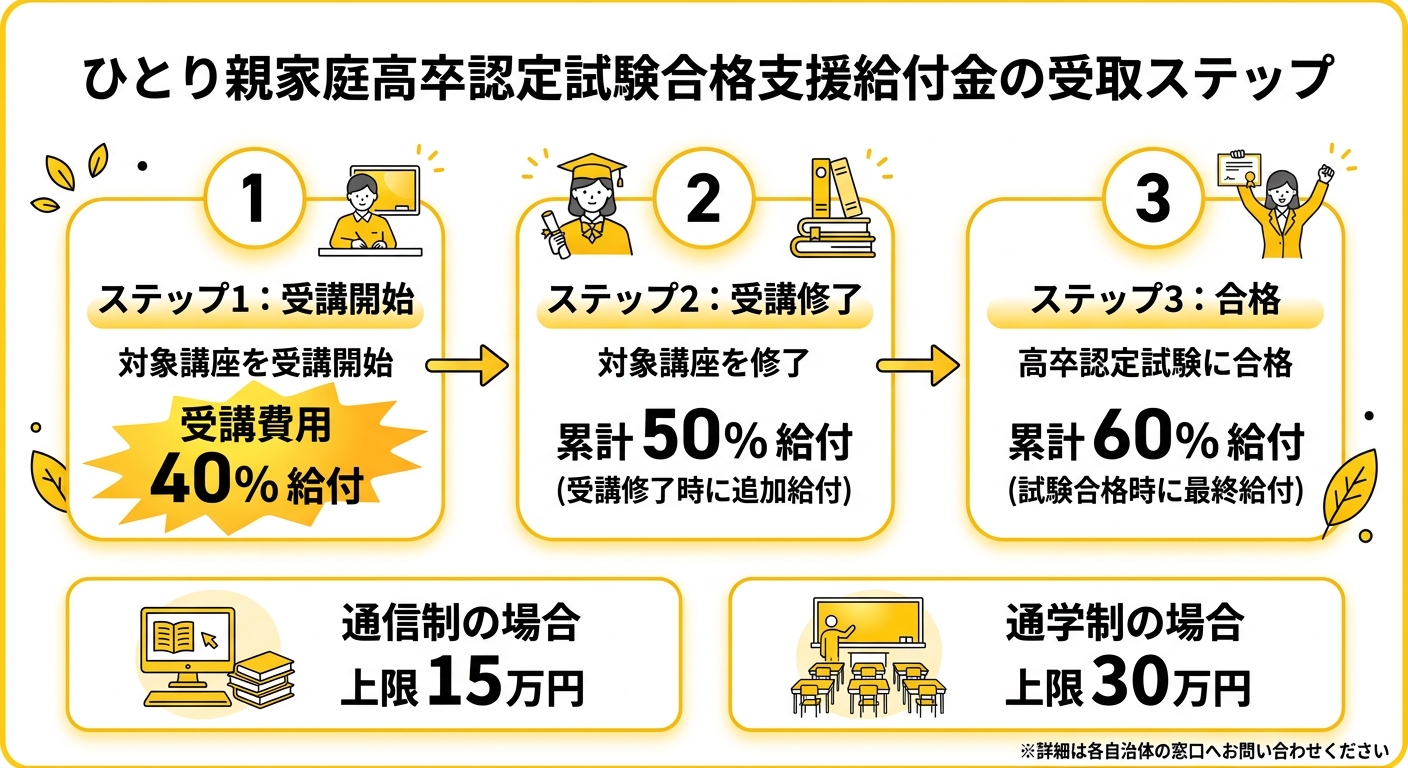 ひとり親家庭高卒認定試験合格支援の給付フロー図