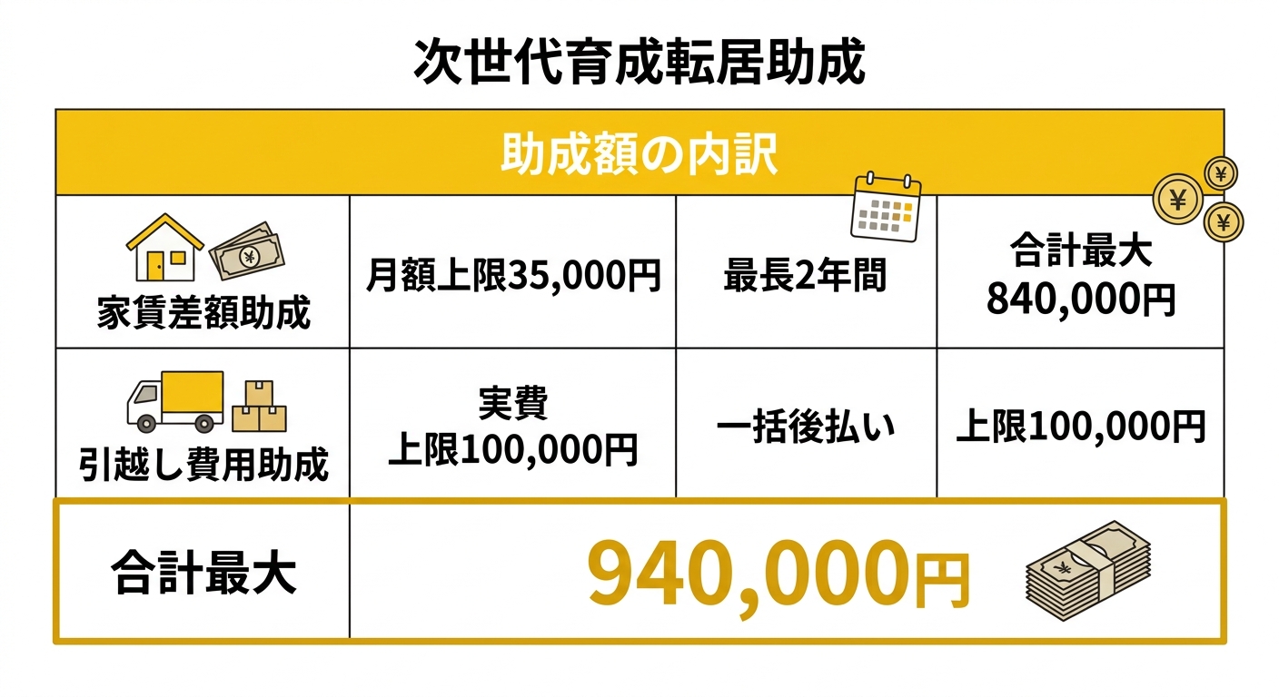 次世代育成転居助成 助成額の比較表