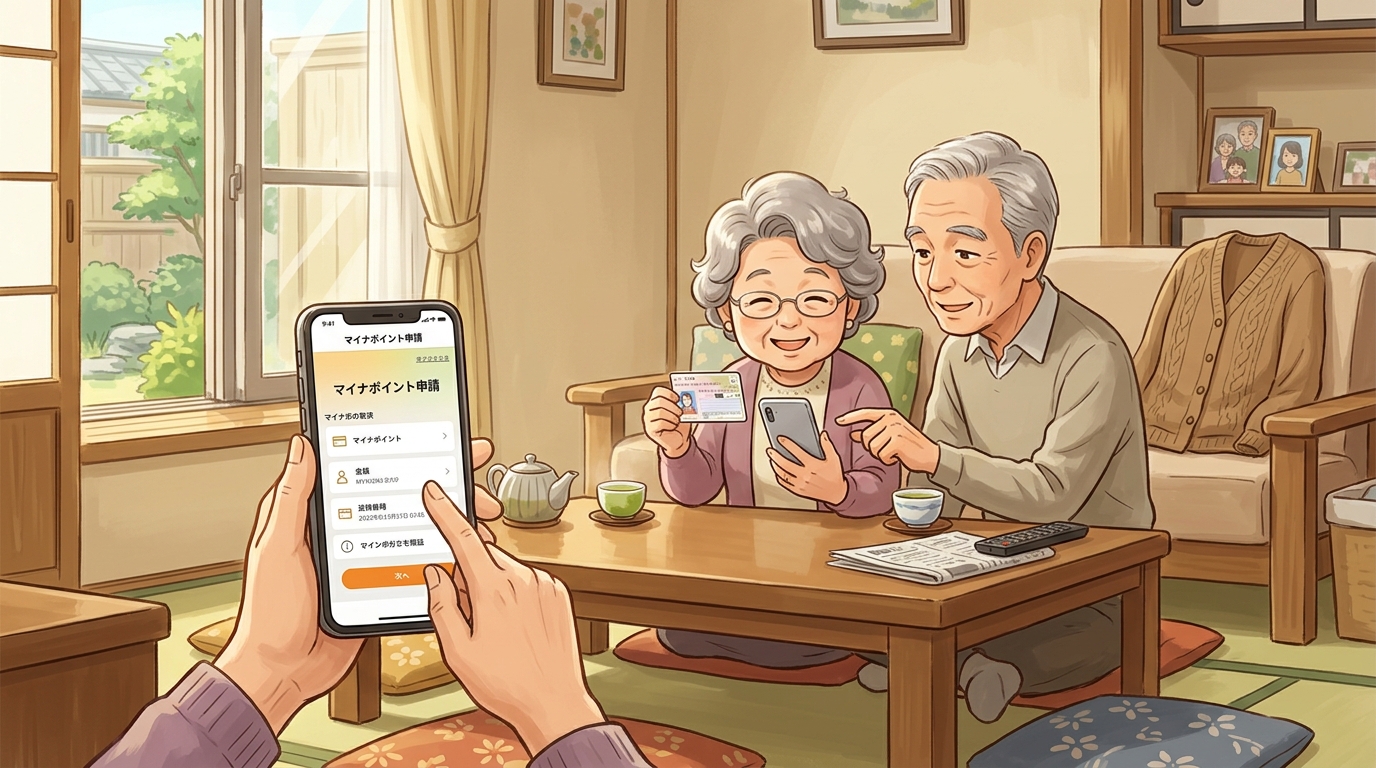 マイナンバーカードでスマートフォンからマイナポイントを申請する高齢者