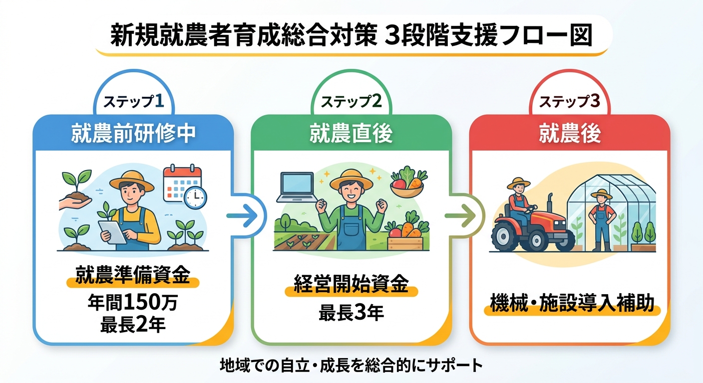 就農準備資金・経営開始資金・経営発展支援事業の3段階フロー図