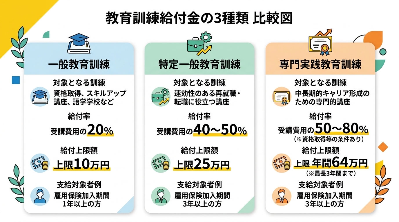 3種類の教育訓練給付金比較図