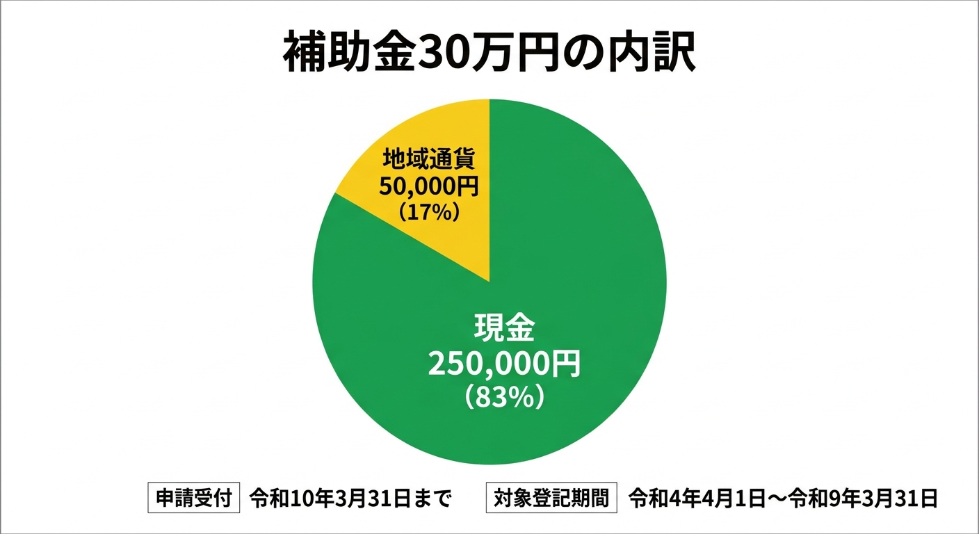 橋本市転入補助金 30万円の内訳と地域通貨説明図