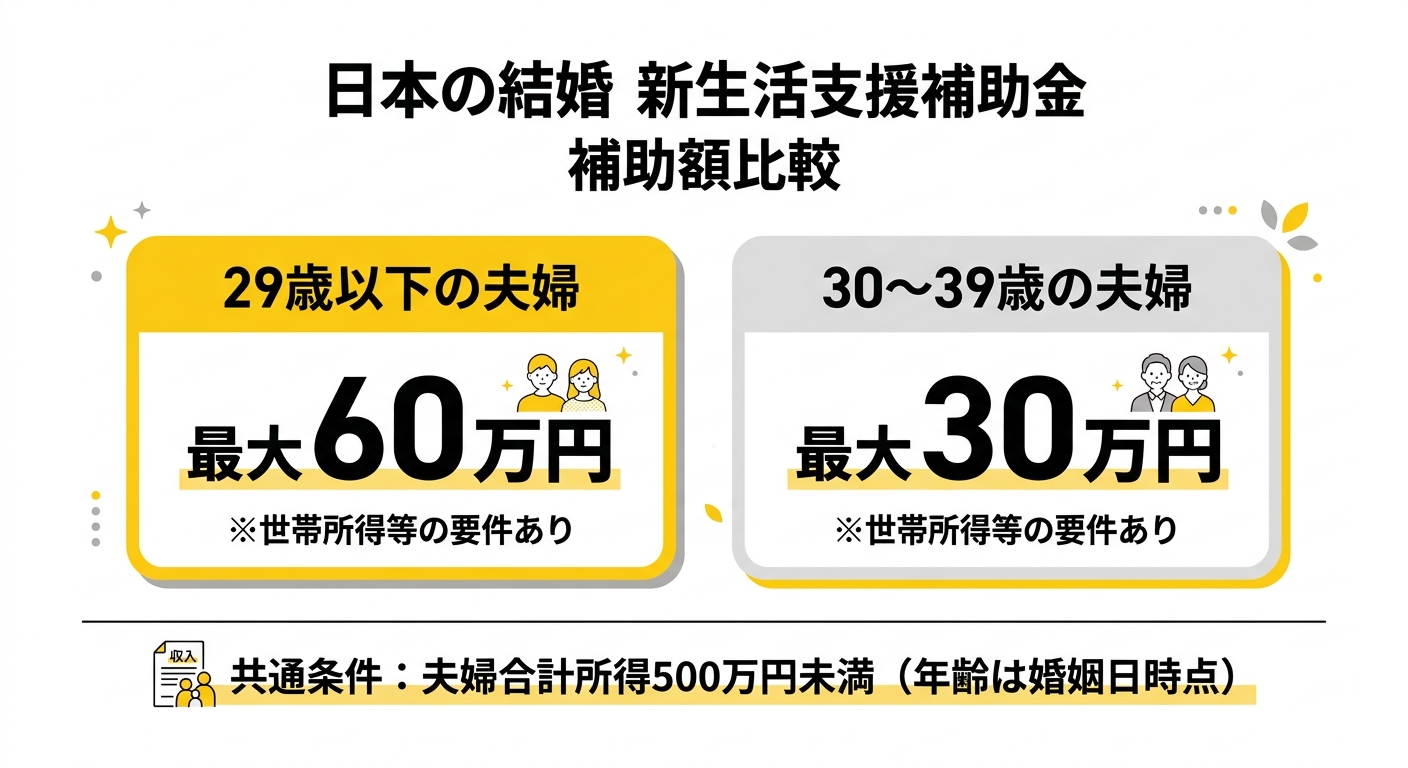 補助額比較。29歳以下60万円、30〜39歳30万円