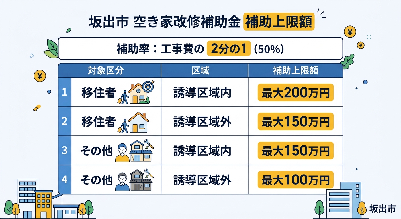 坂出市移住促進・空き家改修補助金 補助上限額の早見表