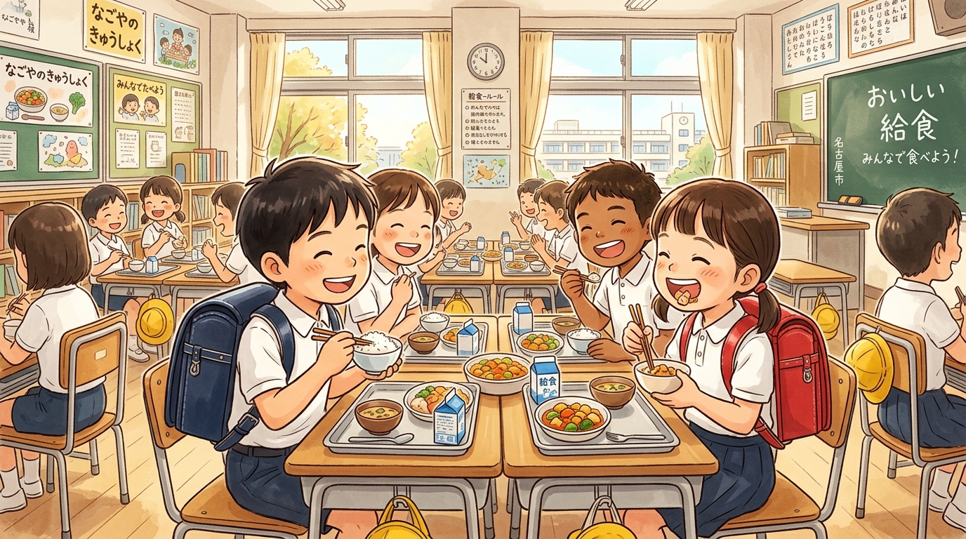 名古屋市の小学校で給食を食べる子どもたちのイラスト