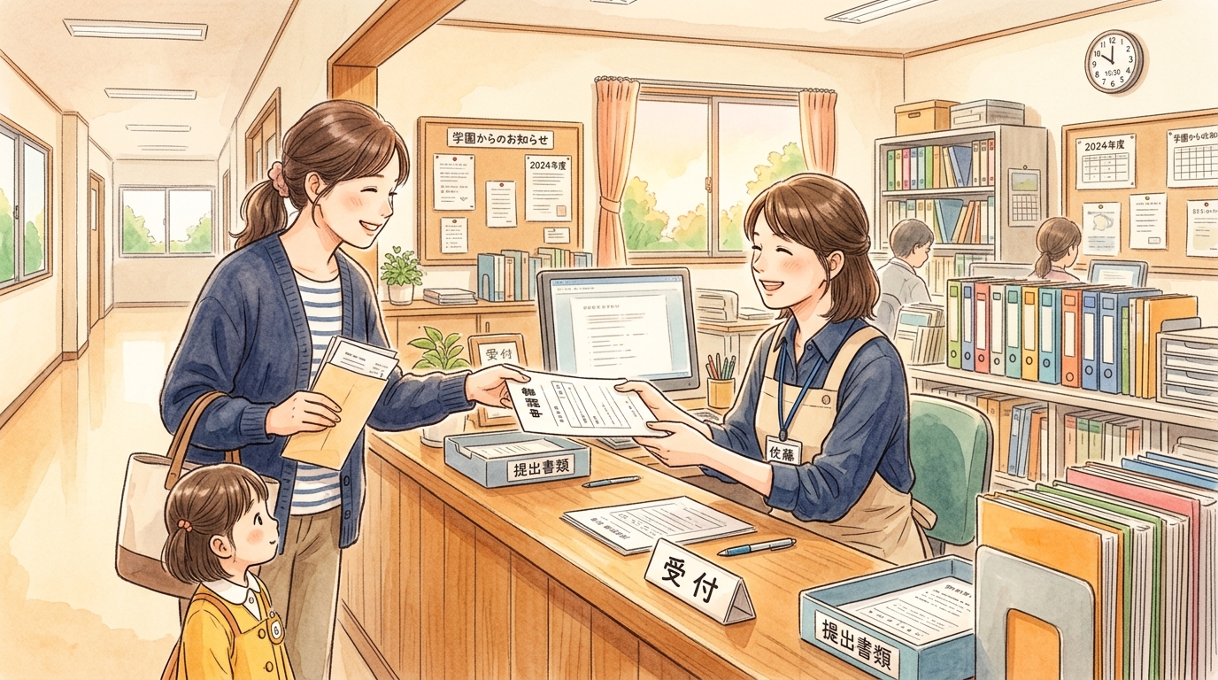 学校の事務室で申請書を提出する保護者と先生