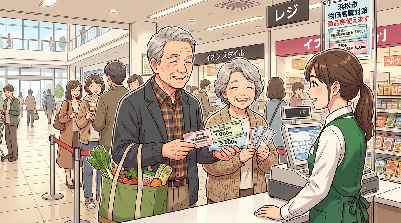 浜松市のショッピングモールで商品券を使う高齢夫婦のイラスト