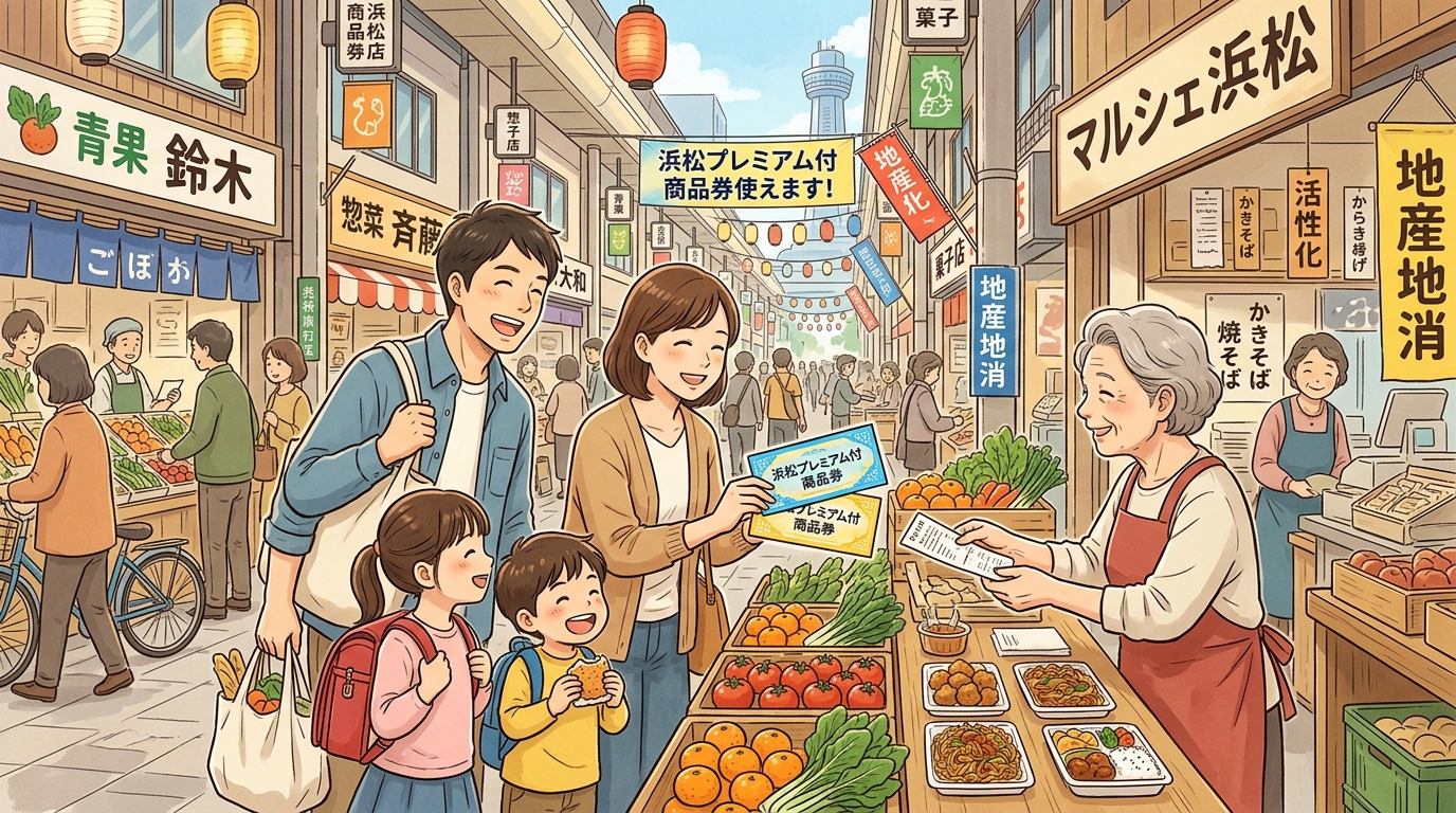浜松市の商店街でプレミアム付商品券を使う家族のイラスト