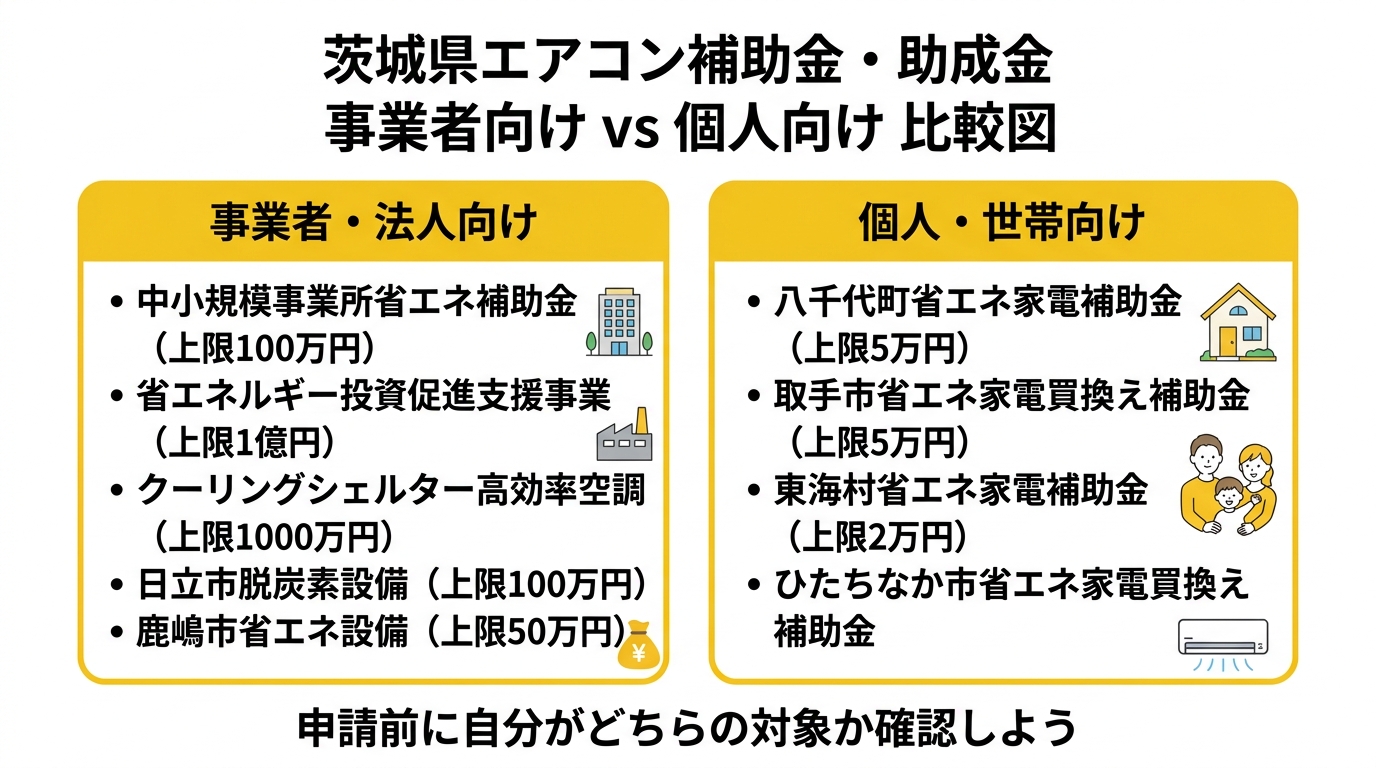 茨城県エアコン補助金・助成金 事業者向けvs個人向け比較図