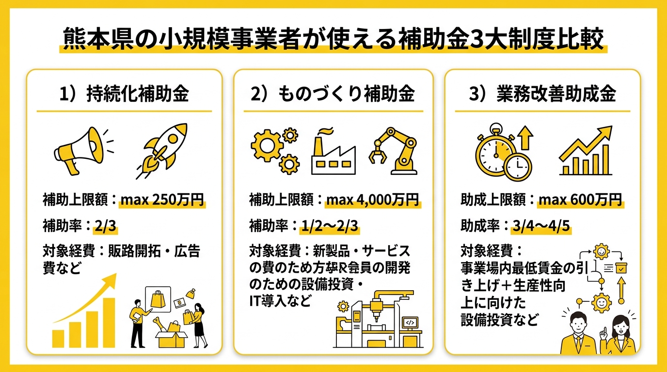 熊本県の小規模事業者が使える補助金3大制度比較