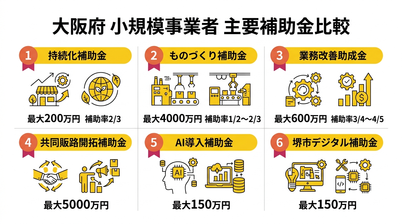大阪府の小規模事業者向け主要補助金の比較図