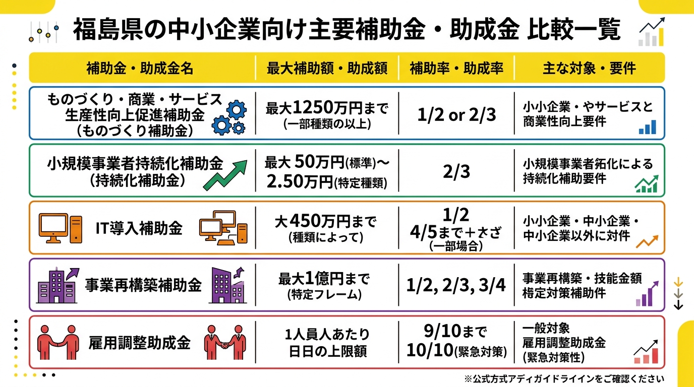 福島県の中小企業向け主要補助金・助成金 比較一覧