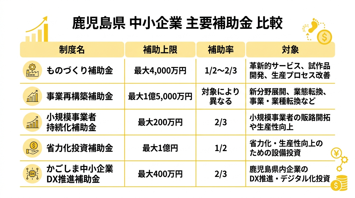 鹿児島県 中小企業 主要補助金 比較表