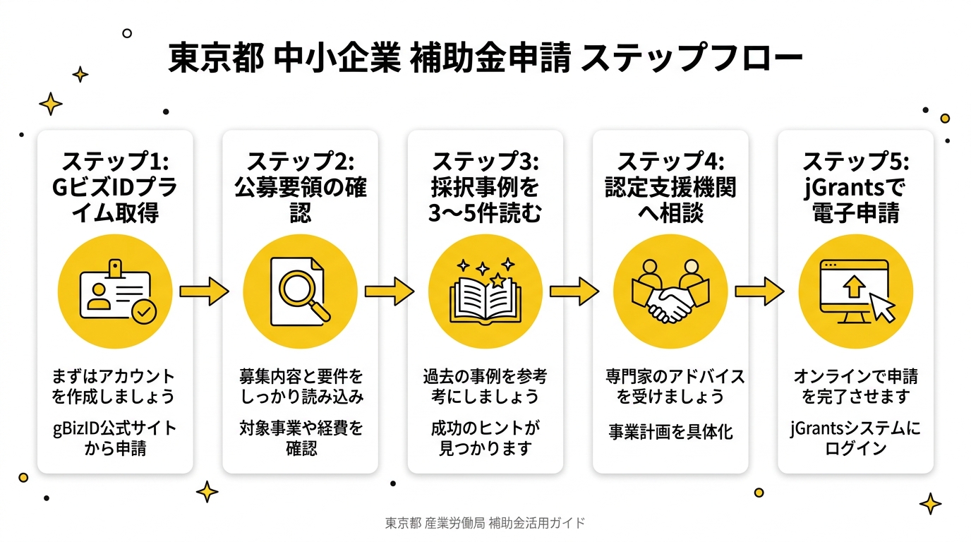 東京都の中小企業補助金申請フロー図
