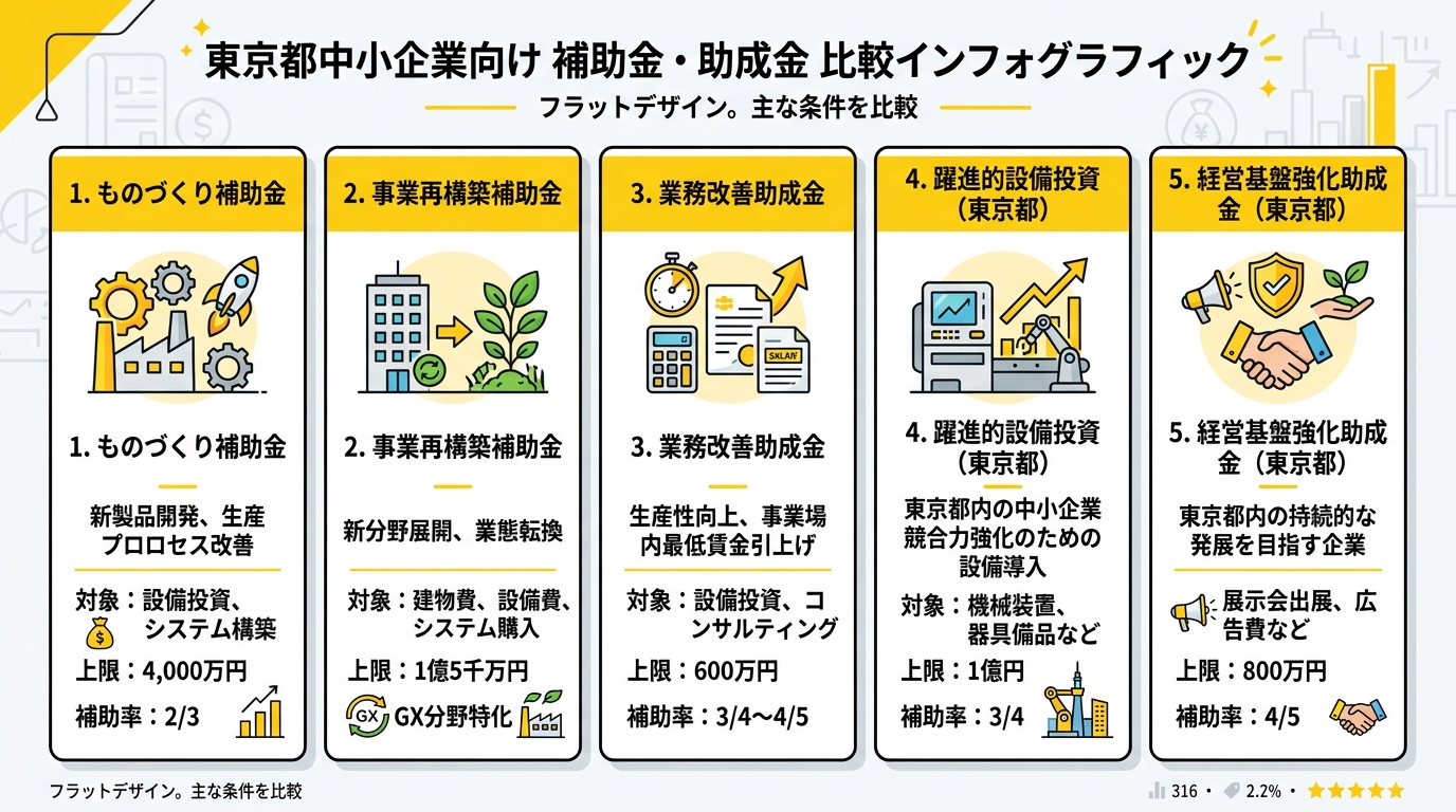 東京都の中小企業向け補助金・助成金の比較インフォグラフィック