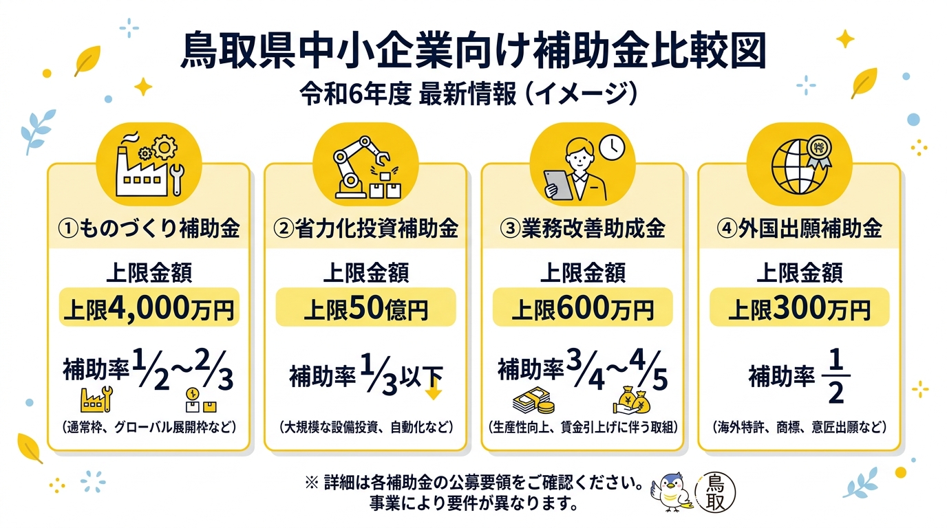 鳥取県の中小企業が使える主要補助金 比較図