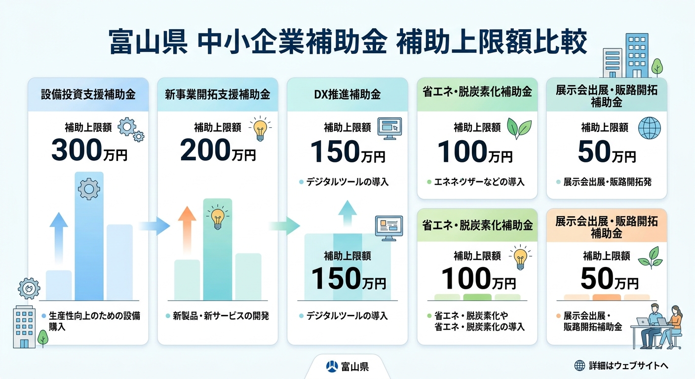 富山県 中小企業補助金 補助上限額比較（2026年最新）