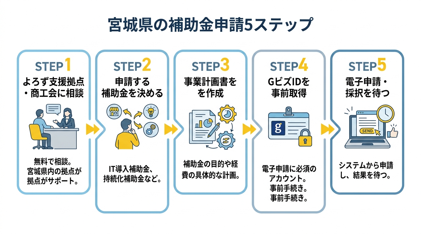 宮城県の補助金申請5ステップフロー