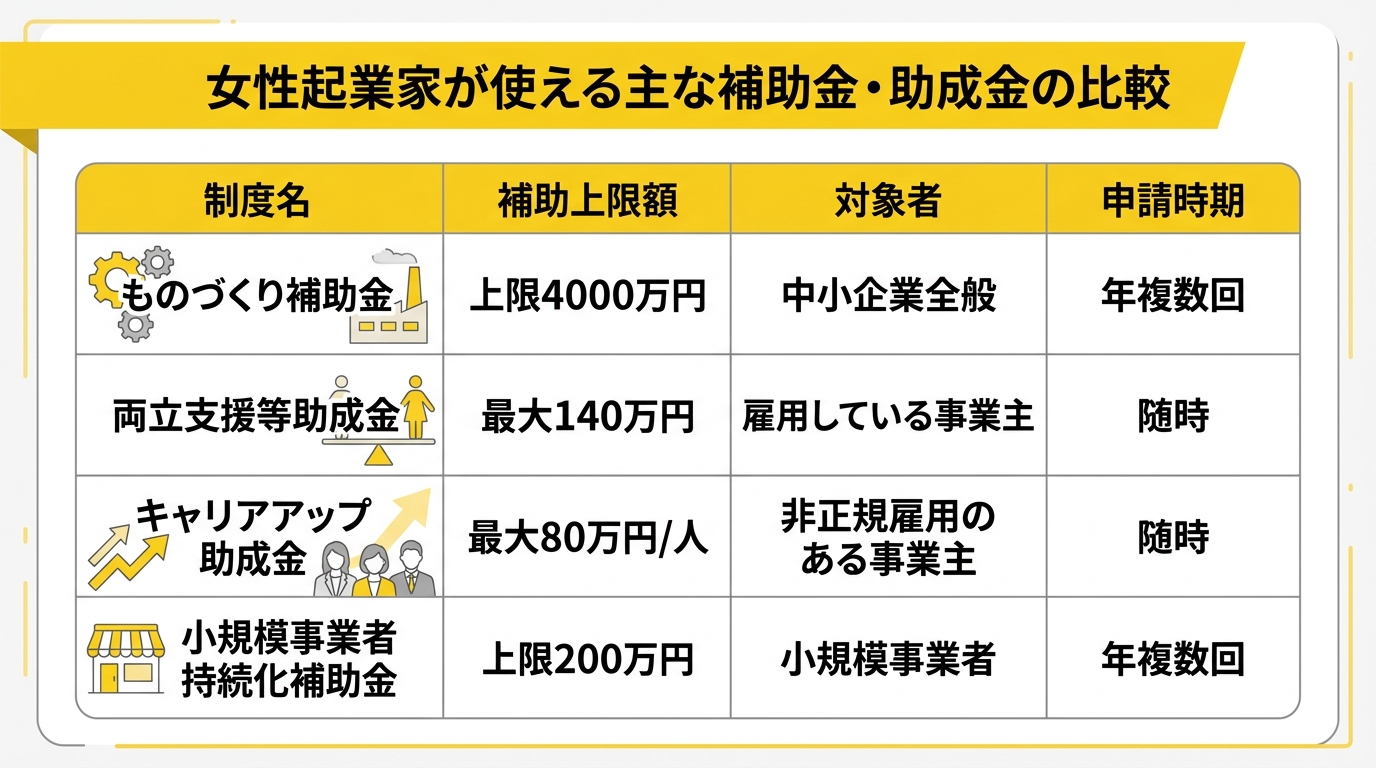 女性起業家が使える主な補助金・助成金の比較