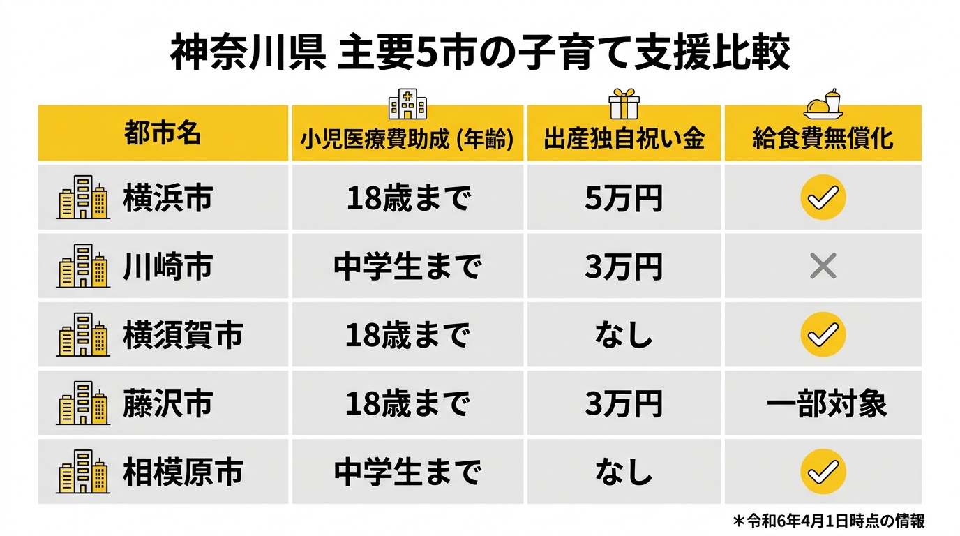 横浜市・川崎市・横須賀市の子育て支援比較インフォグラフィック