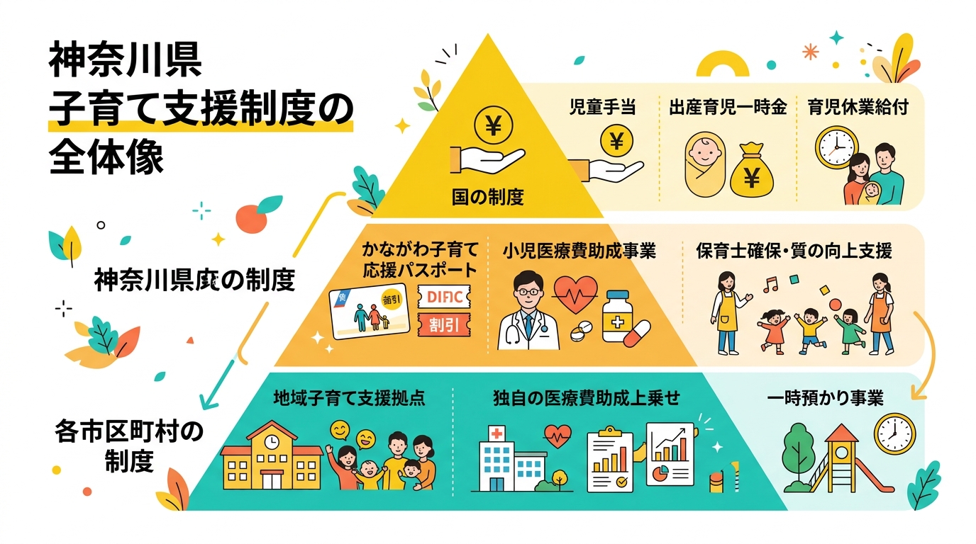 神奈川県子育て支援制度の全体像(国・県・市区町村の3層構造)