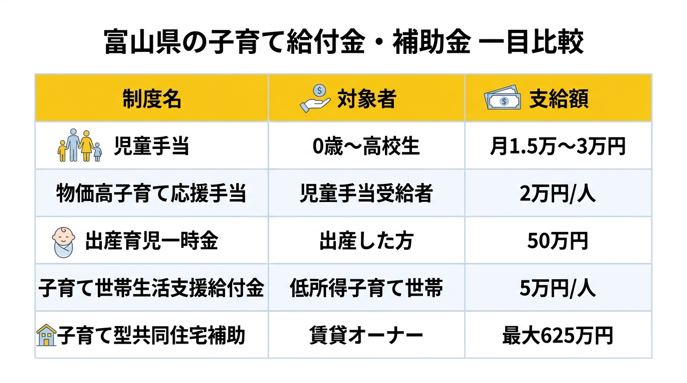 富山県の子育て給付金・補助金 一目比較