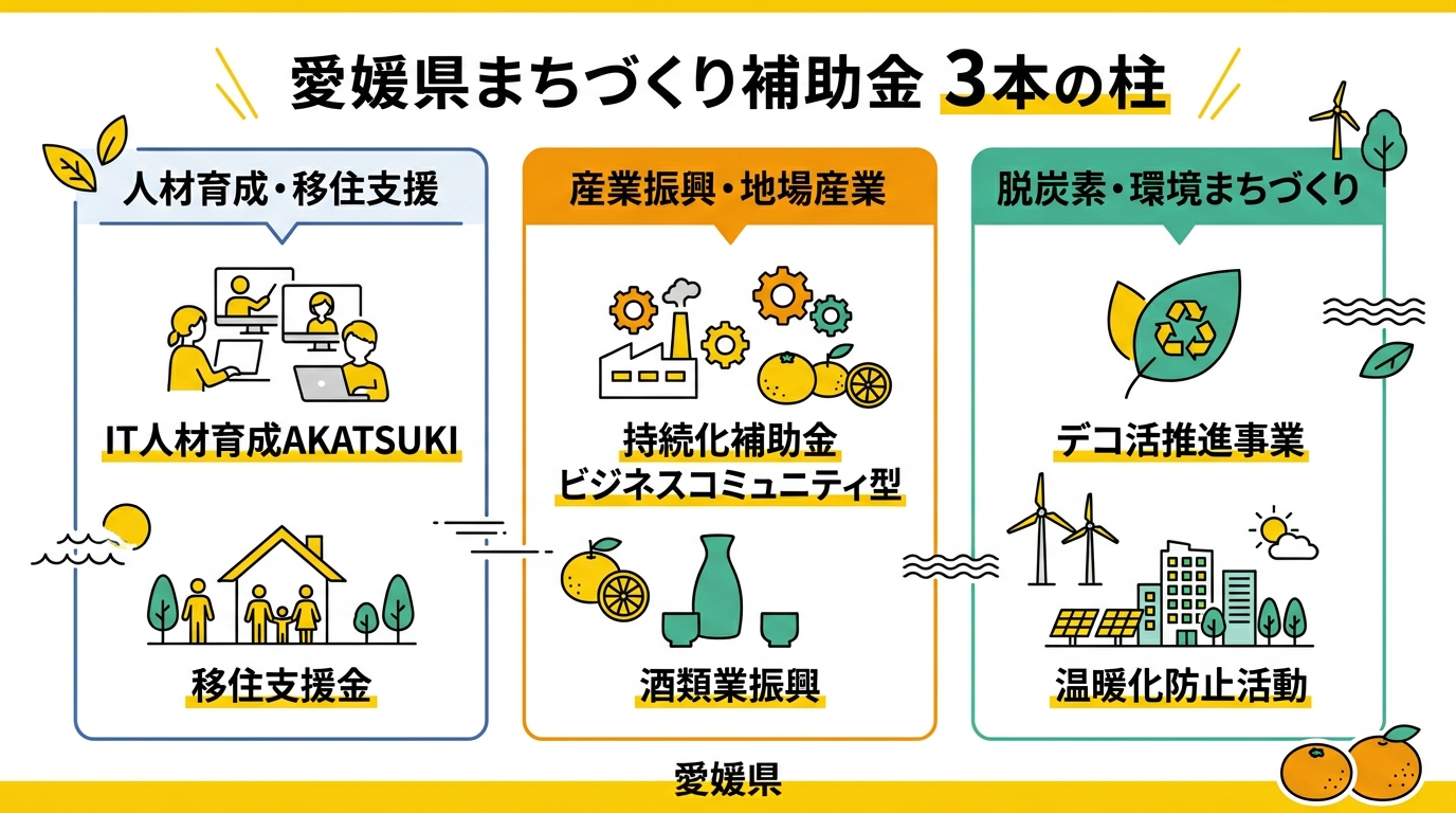愛媛県まちづくり補助金 3軸比較インフォグラフィック