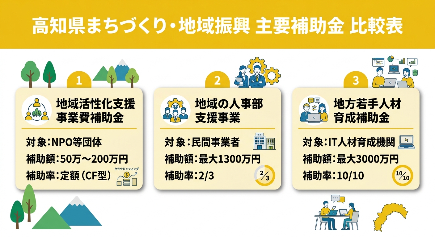 主要補助金の比較カード: 補助額・対象・補助率を一覧