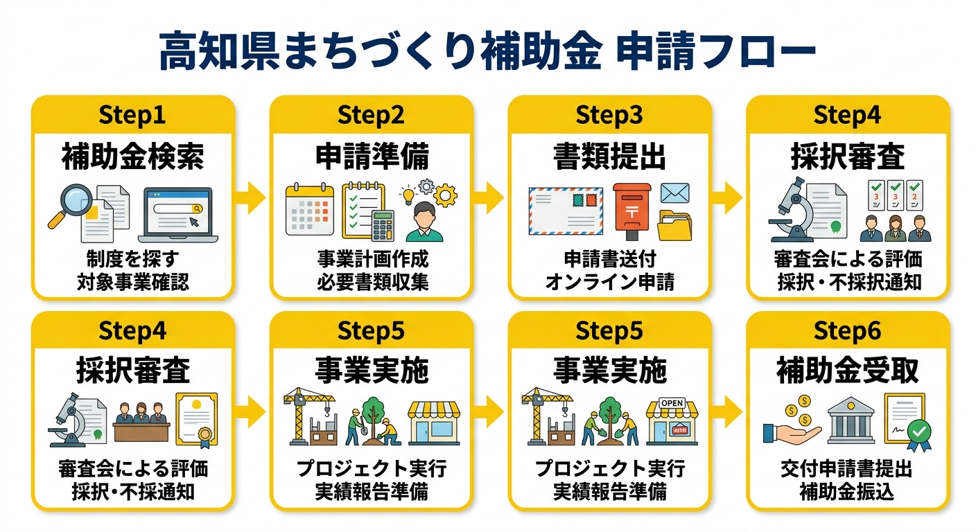 申請フロー図: 高知県まちづくり補助金を申請するステップ