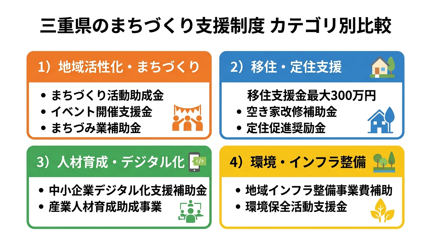 三重県のまちづくり支援制度 カテゴリ別比較