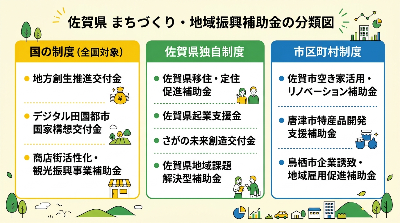 佐賀県まちづくり補助金の全体像 — 国の制度・佐賀県独自制度・市区町村制度の分類図