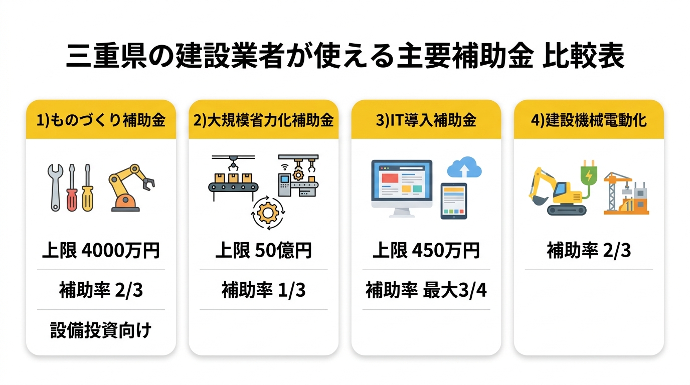 三重県の建設業者が使える主要補助金 比較表