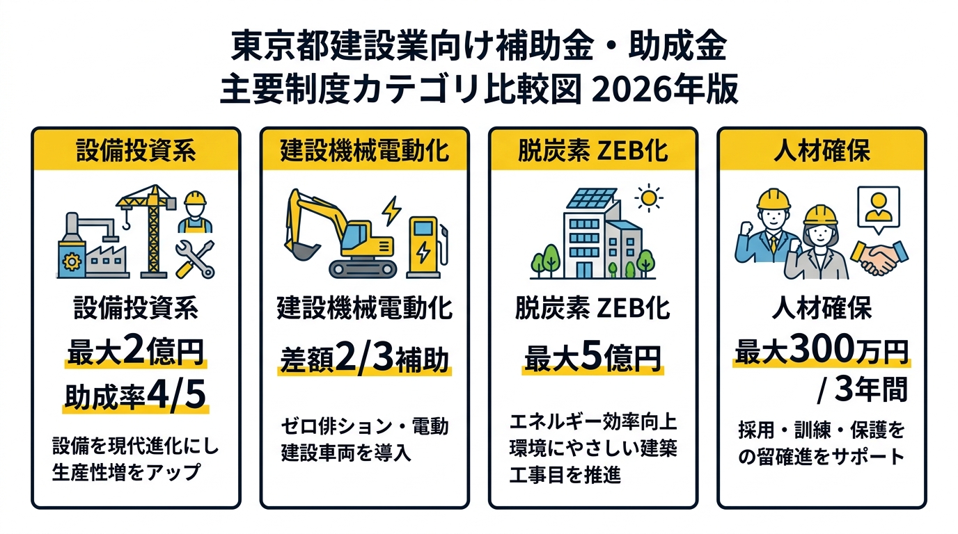 東京都建設業 補助金・助成金 主要制度カテゴリ比較図 2026年版