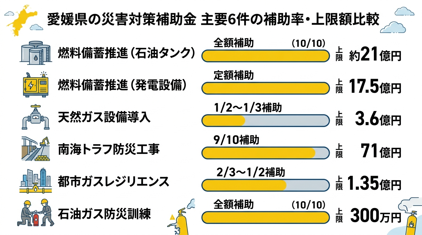 愛媛県の災害対策補助金 主要6件の補助率・上限額比較