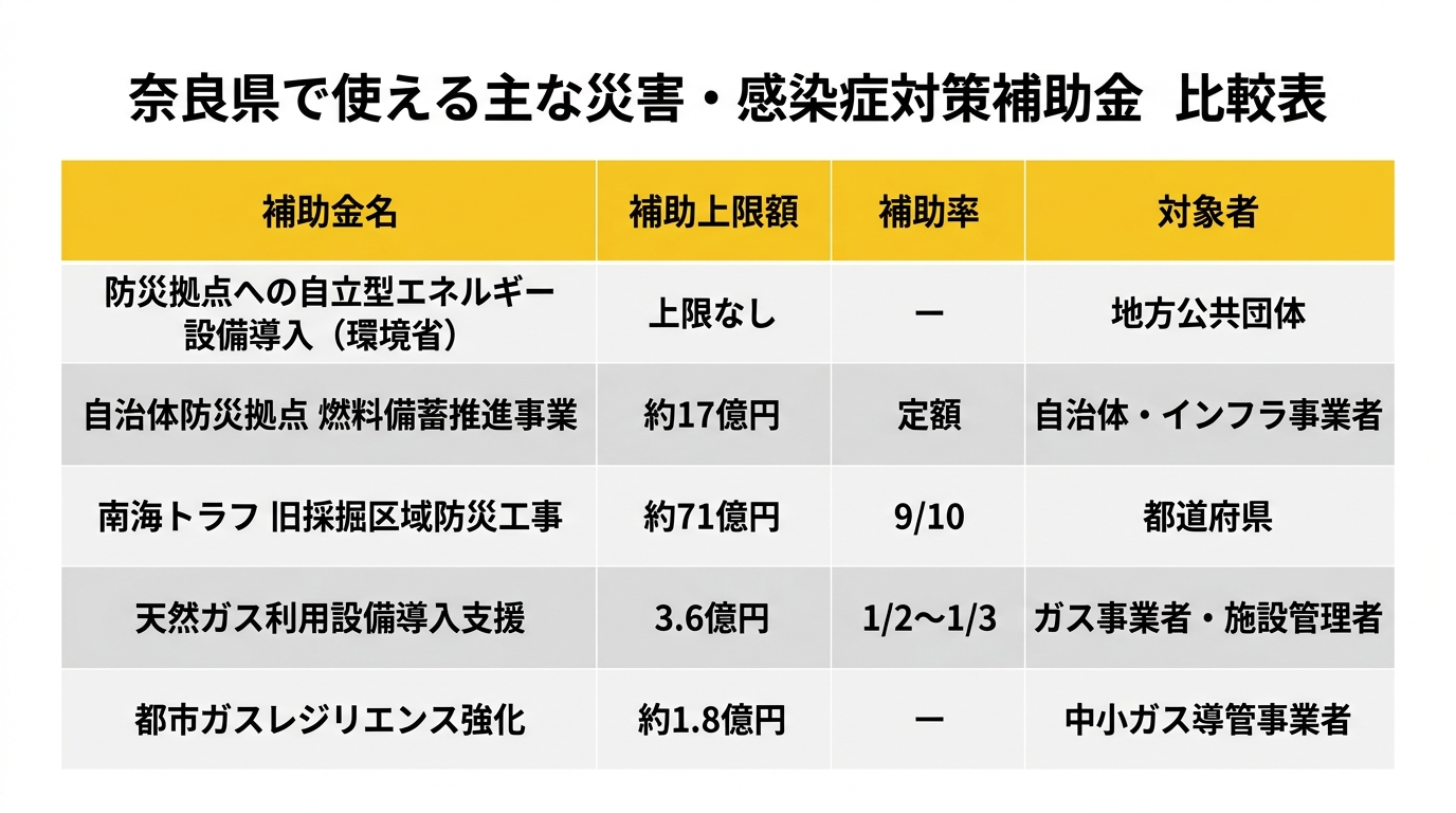 奈良県で使える主な災害・感染症対策補助金 比較表