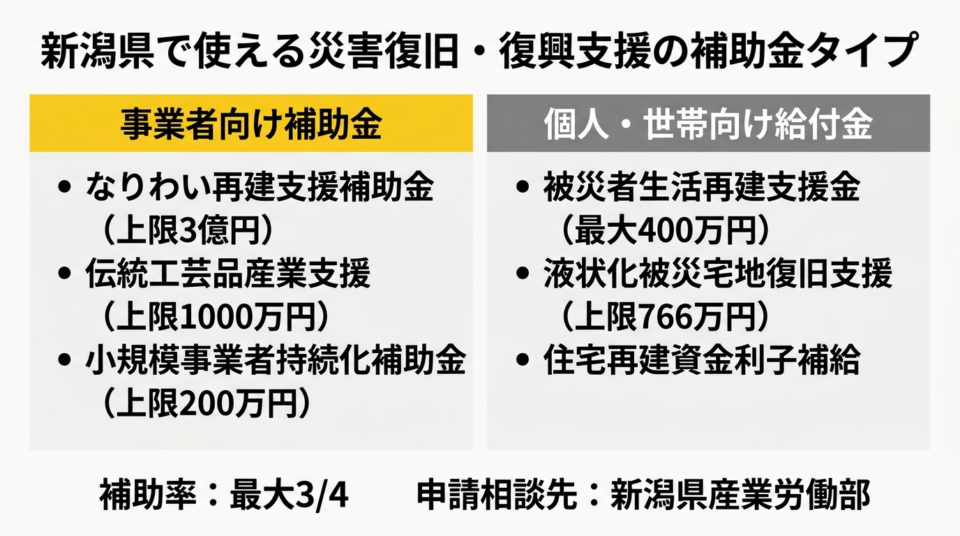 新潟県で使える災害復旧補助金タイプ比較