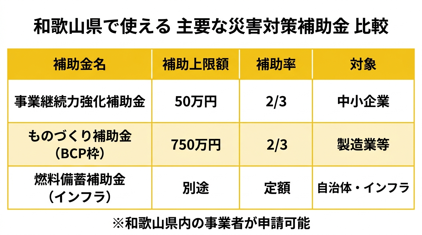 和歌山県で使える 主要な災害対策補助金 比較