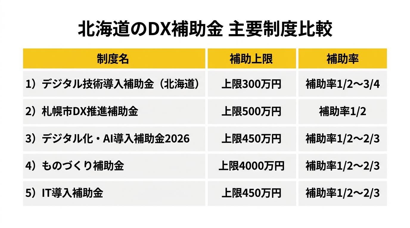 北海道のDX補助金 主要制度比較