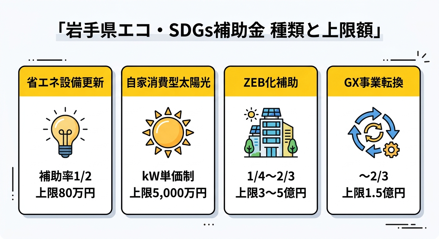 岩手県エコ・SDGs補助金 種類と上限額の比較図