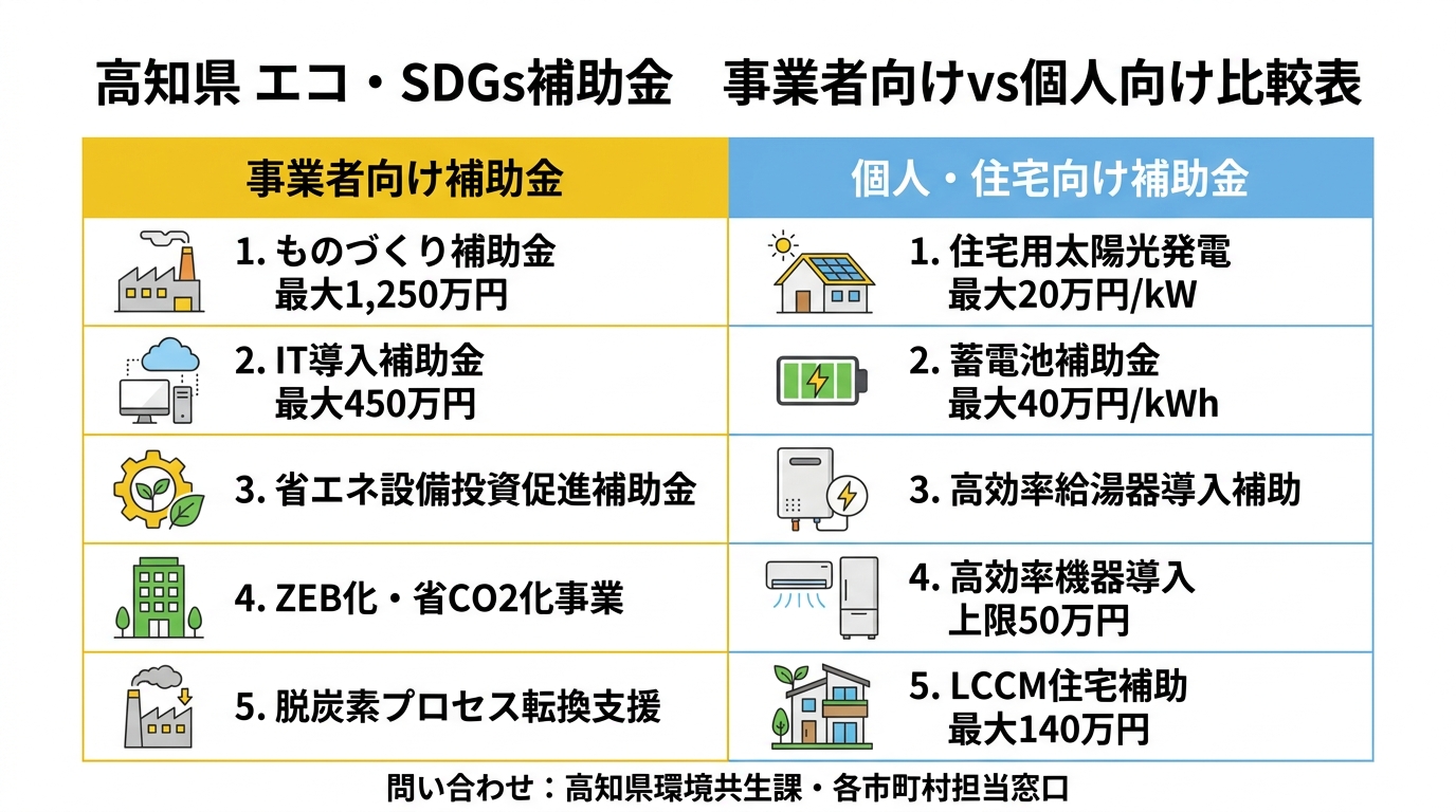 高知県 エコ・SDGs補助金 事業者向けvs個人向け比較表