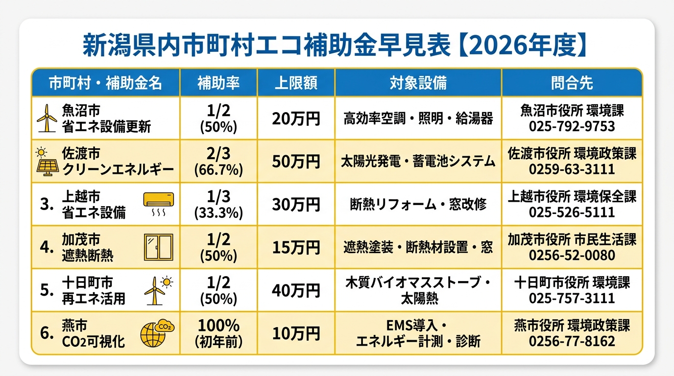 新潟県内市町村エコ補助金早見表【2026年度】