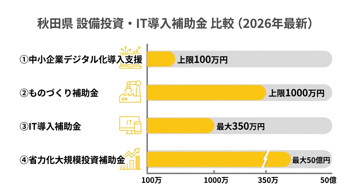 秋田県 設備投資・IT導入補助金 比較チャート（2026年最新）