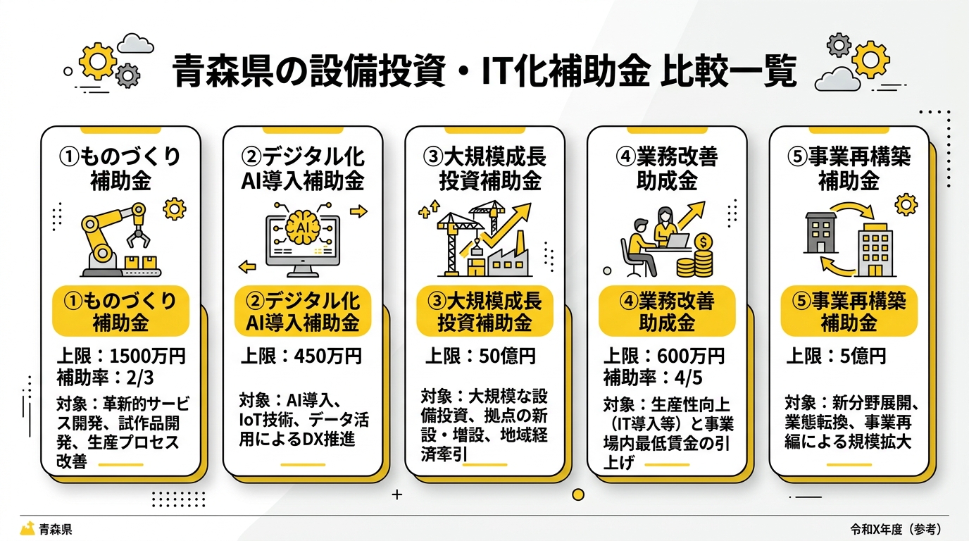 青森県の設備投資・IT化補助金 比較インフォグラフィック