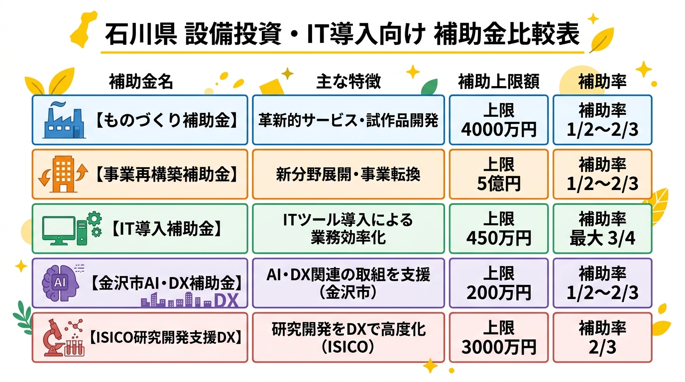 石川県の設備投資・IT導入補助金比較表