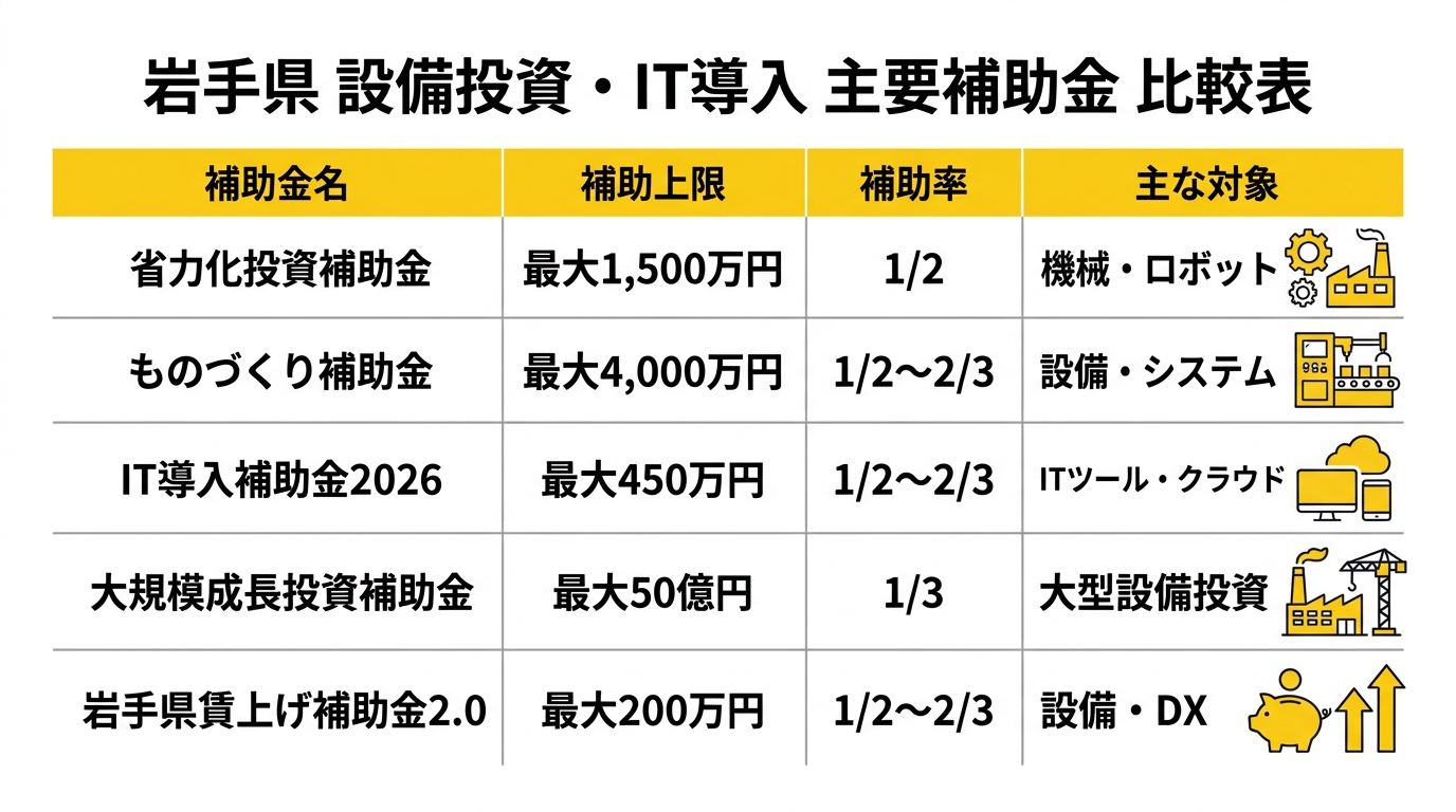 岩手県の設備投資・IT導入 主要補助金比較
