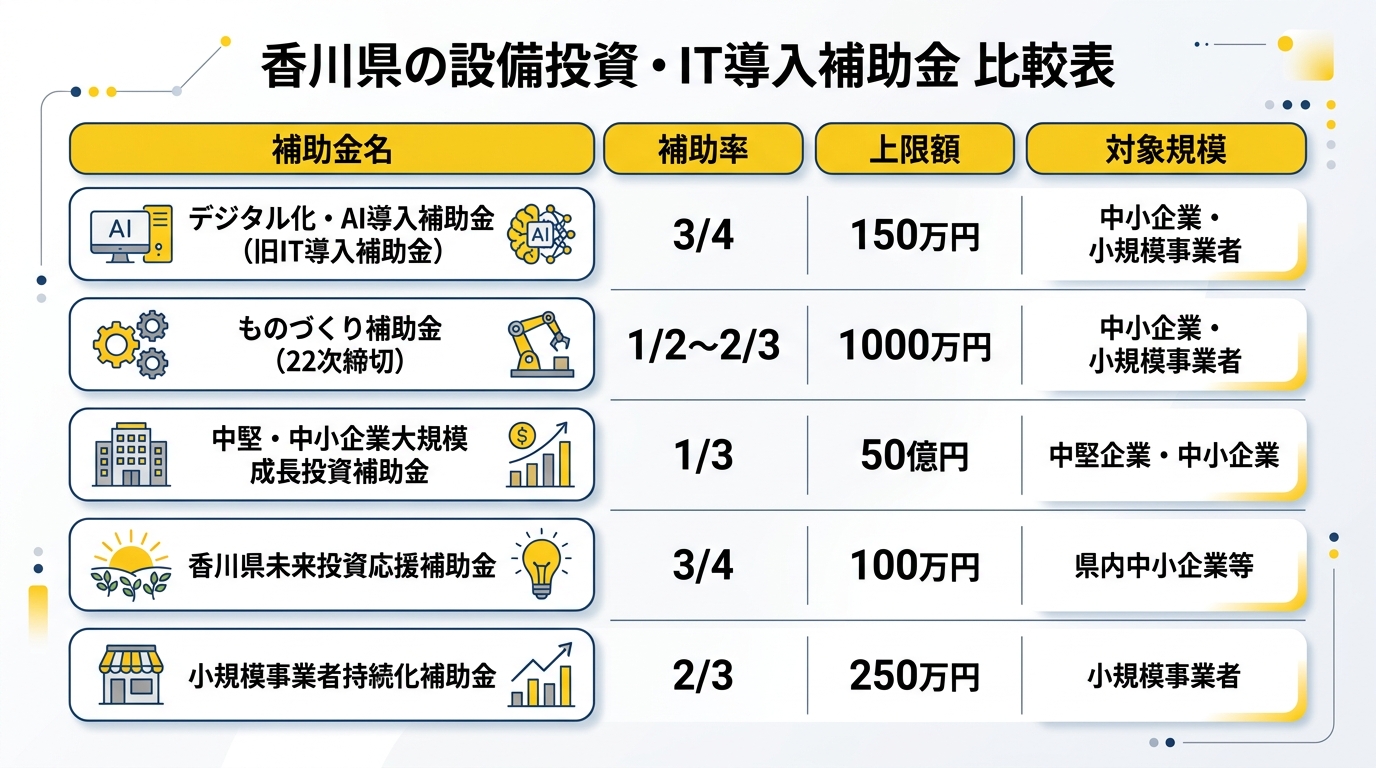 香川県の設備投資・IT導入補助金 比較表
