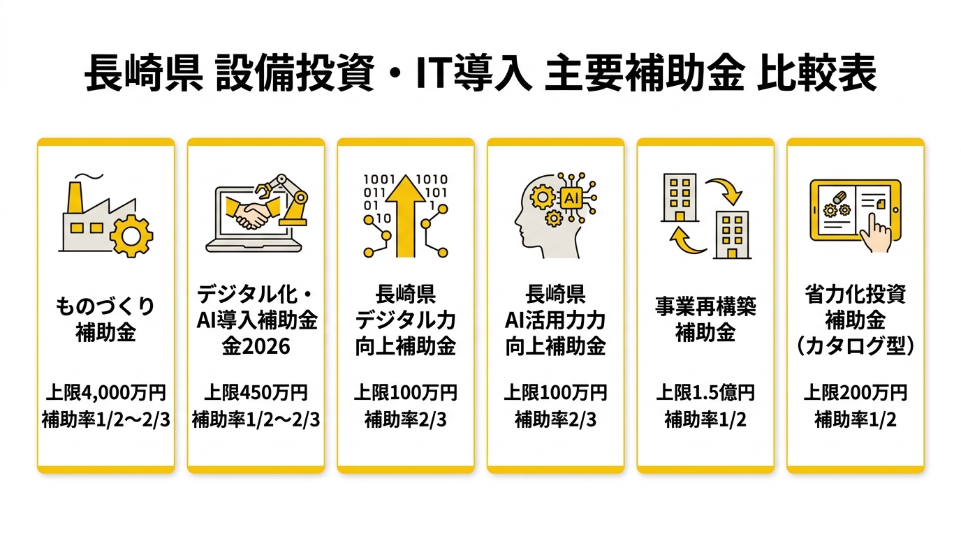 長崎県 設備投資・IT導入 主要補助金 比較表