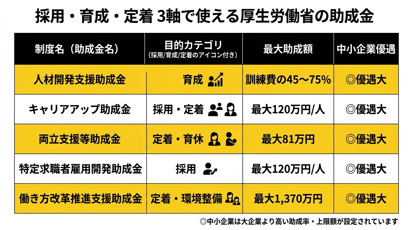 採用・育成・定着3軸で使える厚生労働省の助成金